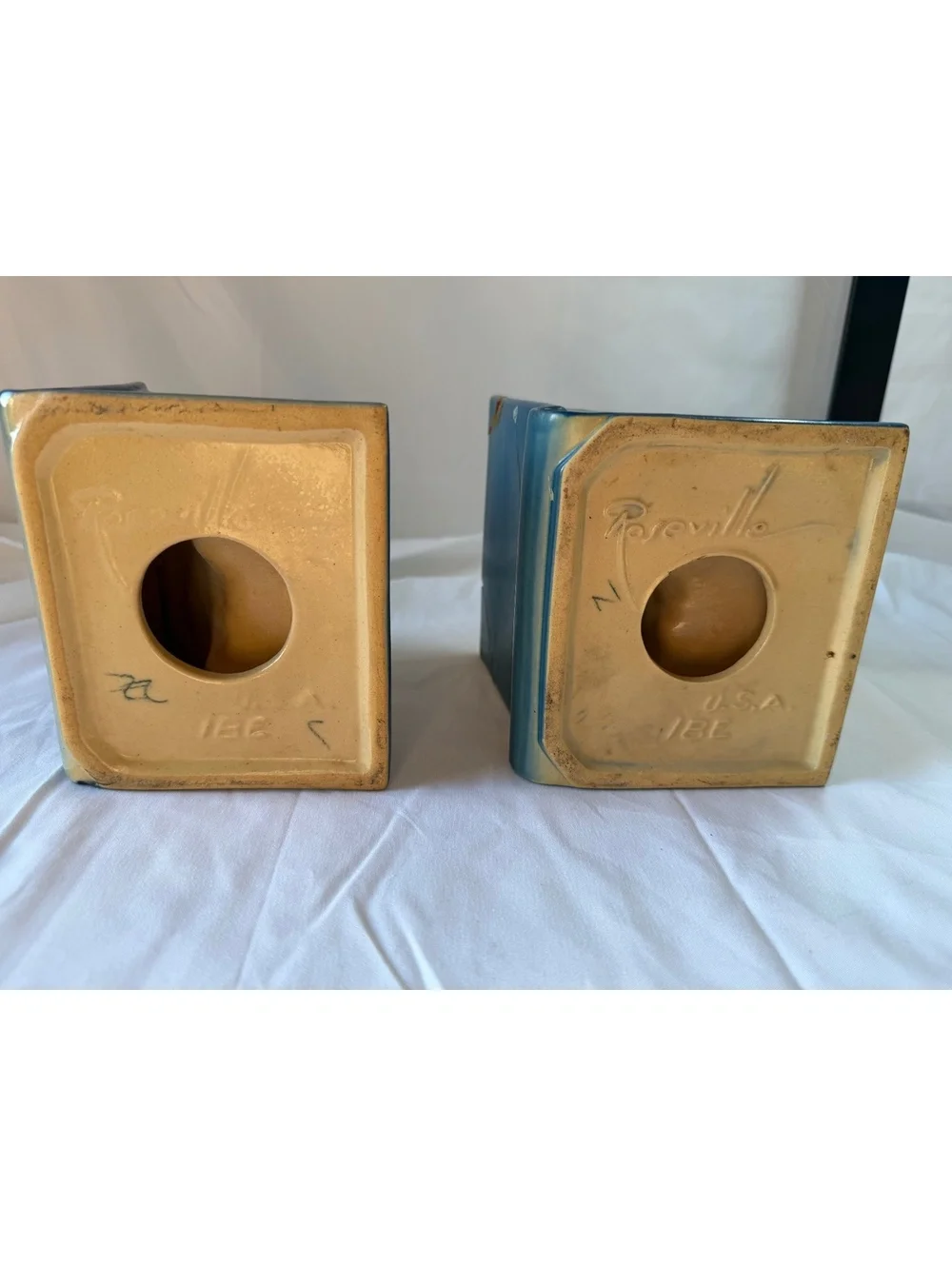 Roseville Pottery Snowberry Blue Bookends 18B Pair Vintage USA Read Repair